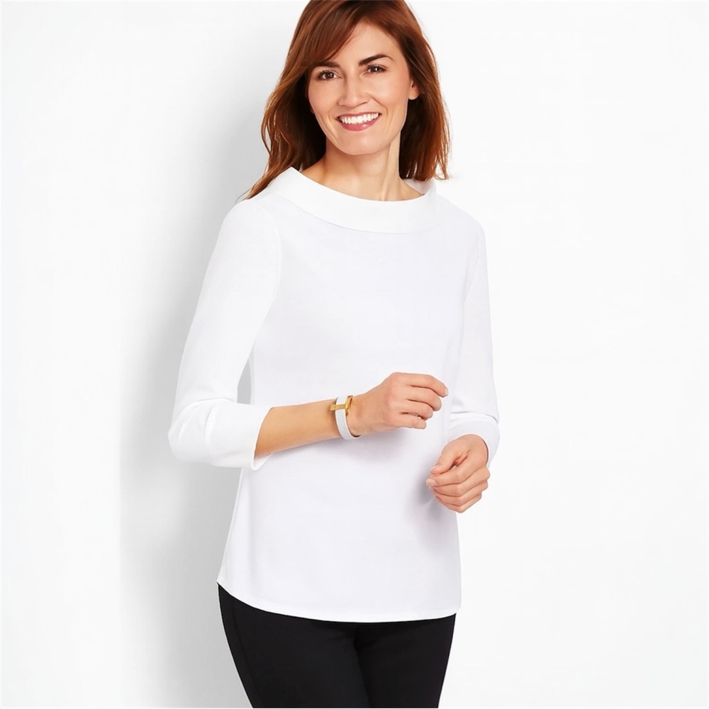 Talbots White Sabrina Modified Sailor Collar Top Size SP Modern Classic Nautical